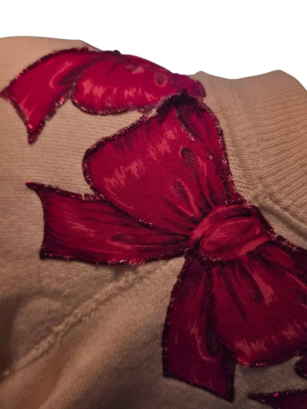 Vintage Holiday Sweatshirt Size Large White Fleece Crewneck Bows Poinsettia USA
